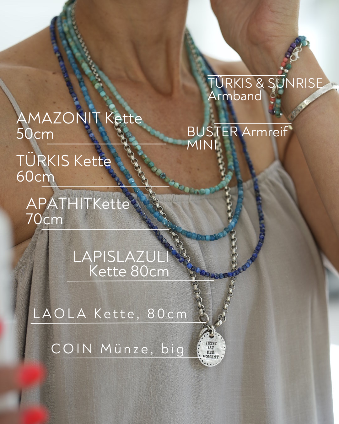 Ocean - limitierte Sommeredition mit Edelsteinen. Ketten Layering mit Lapislazuli, Türkis, Amazonit, Apathit