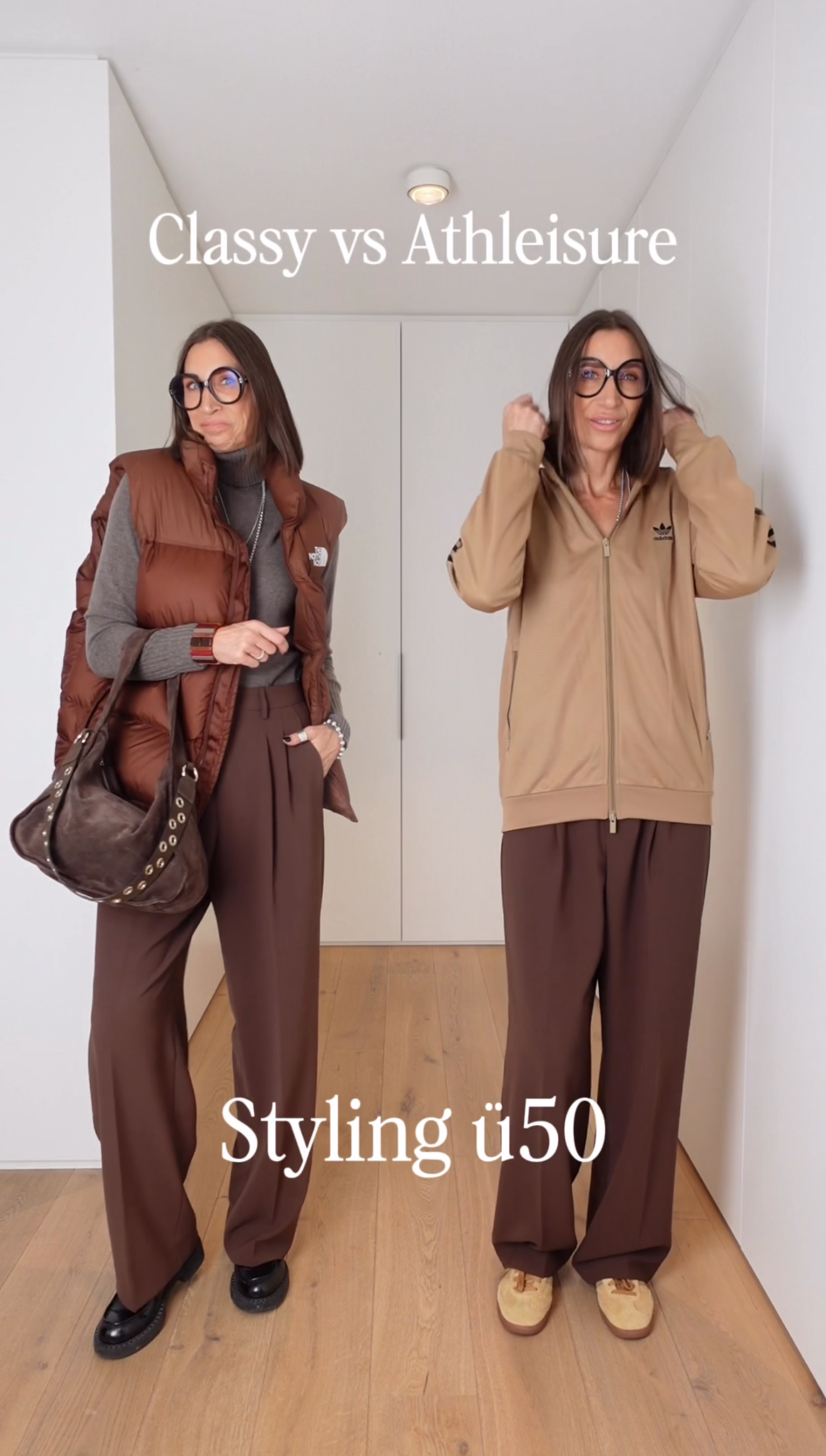 Swaantje Taube zeigt ihren Athleisure Style: Bundfaltenhose, Rolli und Daunenweste in Brauntönen kombiniert mit Camel-Sneakern und Trainingsjacke, moderner Mix aus Komfort und Stil.