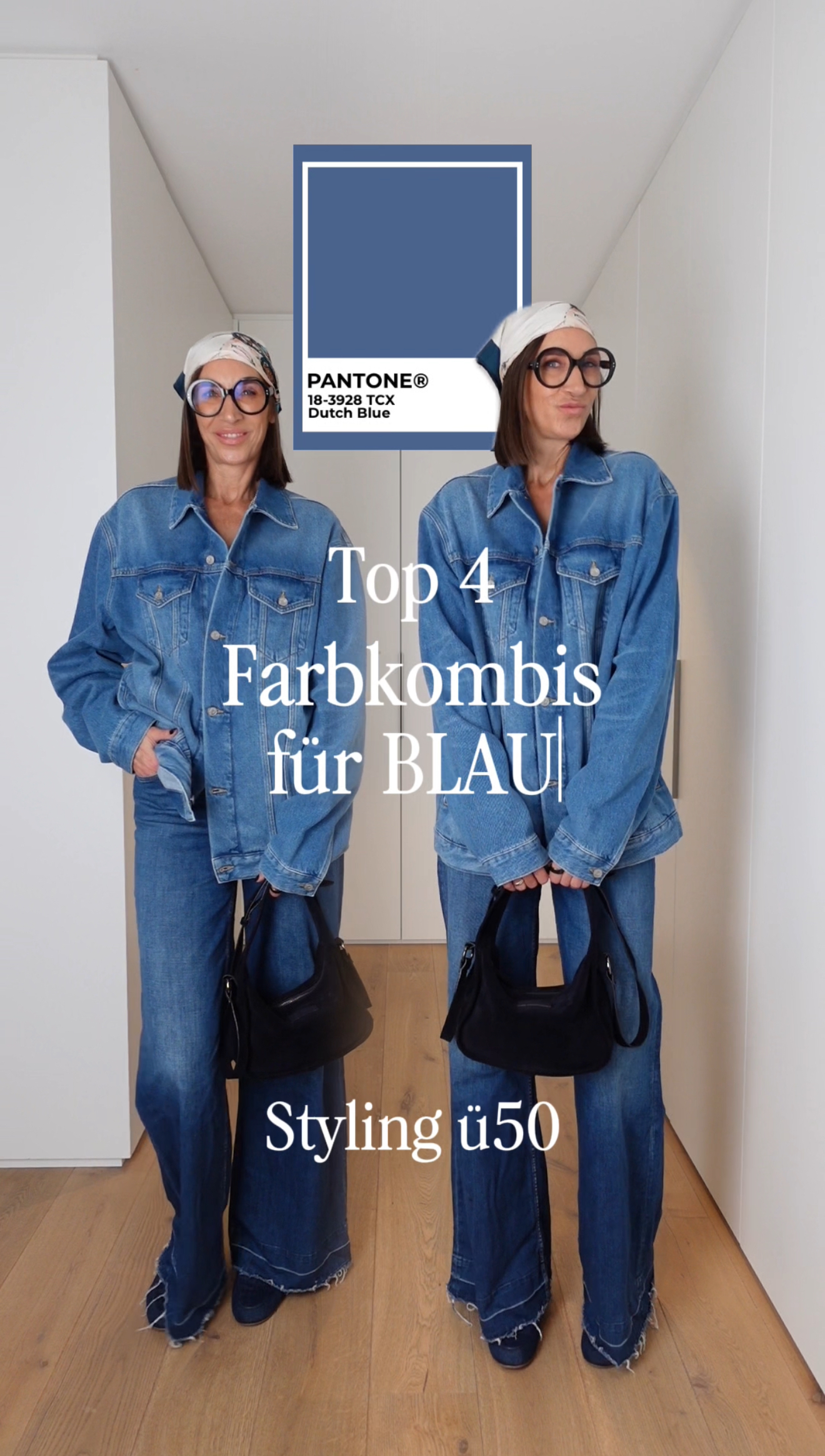 Swaantje Taube präsentiert stilvolle Outfits in verschiedenen Blautönen – kombiniert mit Weiß, Creme, Grau, Schwarz und warmen Naturtönen.