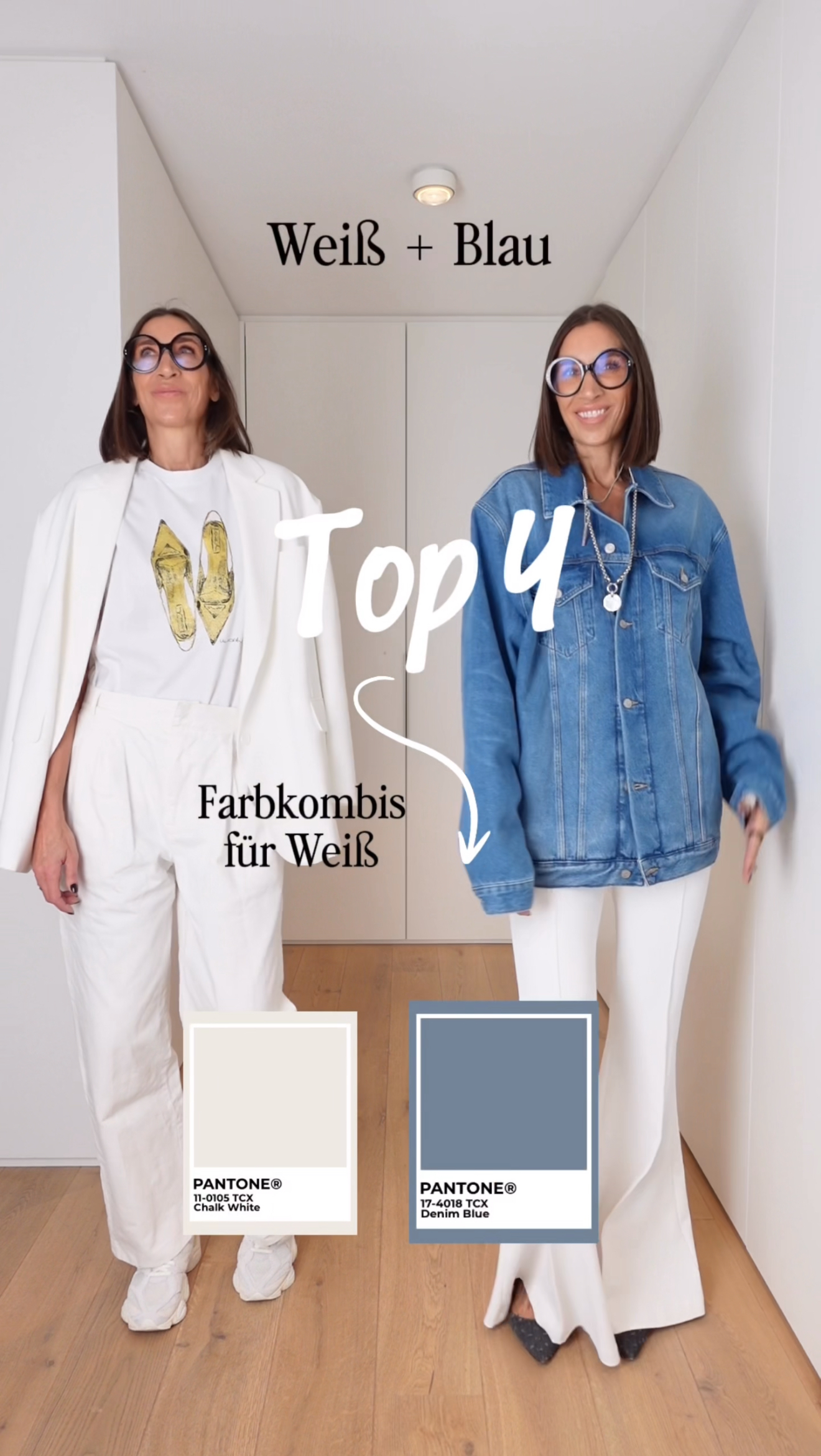Swaantje Taube zeigt vier Farbkombinationen mit Weiß. Monochrom, mit Denimblau, Bordeaux und Schwarz