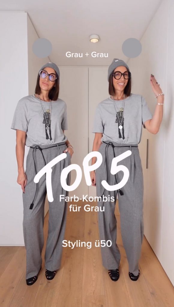 Swaantje Taube zeigt zwei Outfitvarianten: links monochrom in Grau, rechts Kombinationen mit Grau und verschiedenen Farben – moderner Stil und Eleganz.