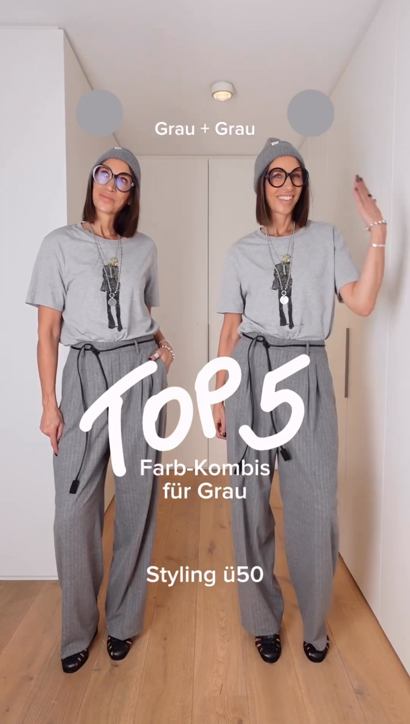 Swaantje Taube zeigt zwei Outfitvarianten: links monochrom in Grau, rechts Kombinationen mit Grau und verschiedenen Farben – moderner Stil und Eleganz.