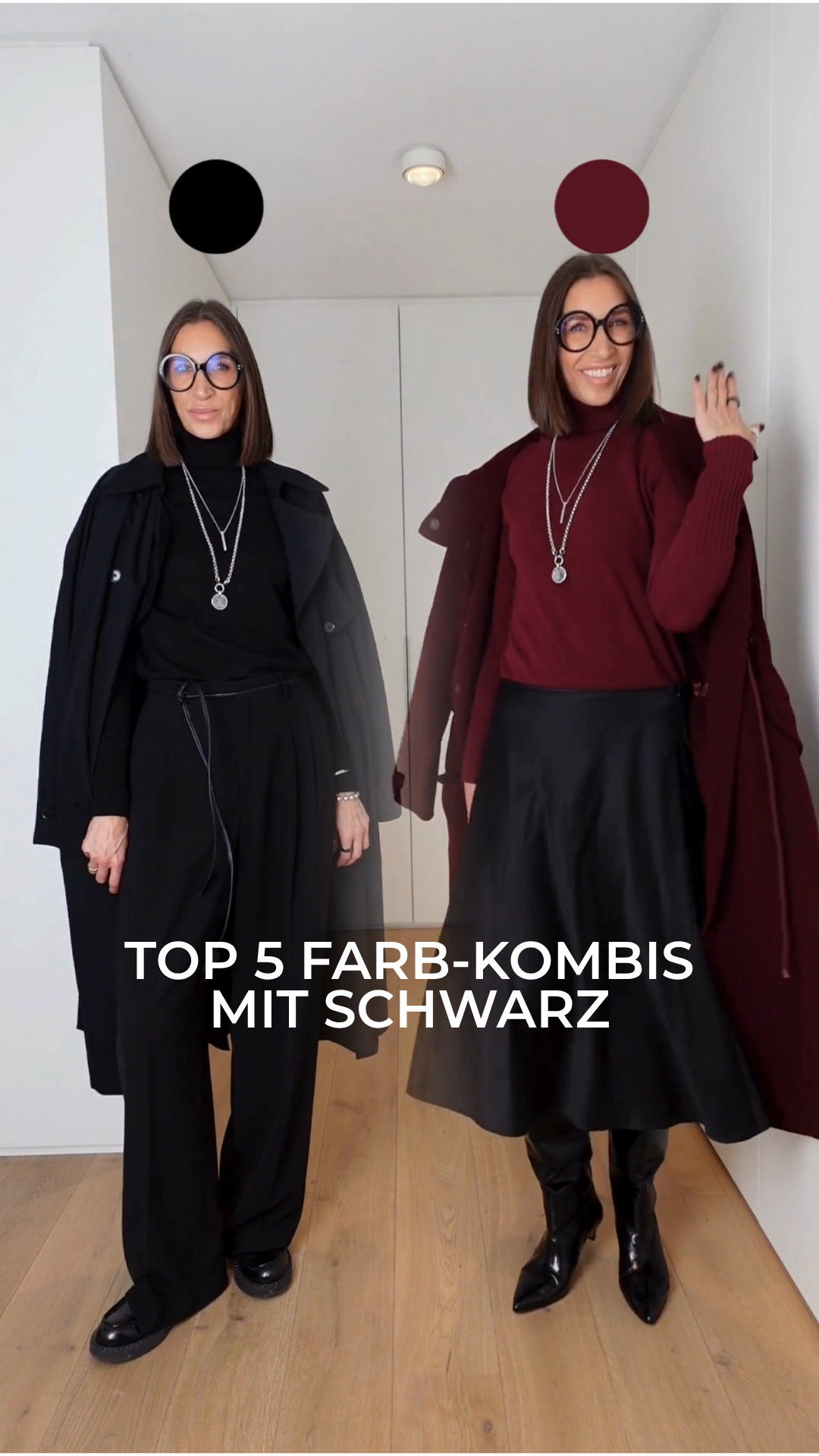 Outfit in Schwarz kombiniert mit Beige, Cremeweiß, Grau und Bordeaux: elegante Farbkombination für Frauen 50+
