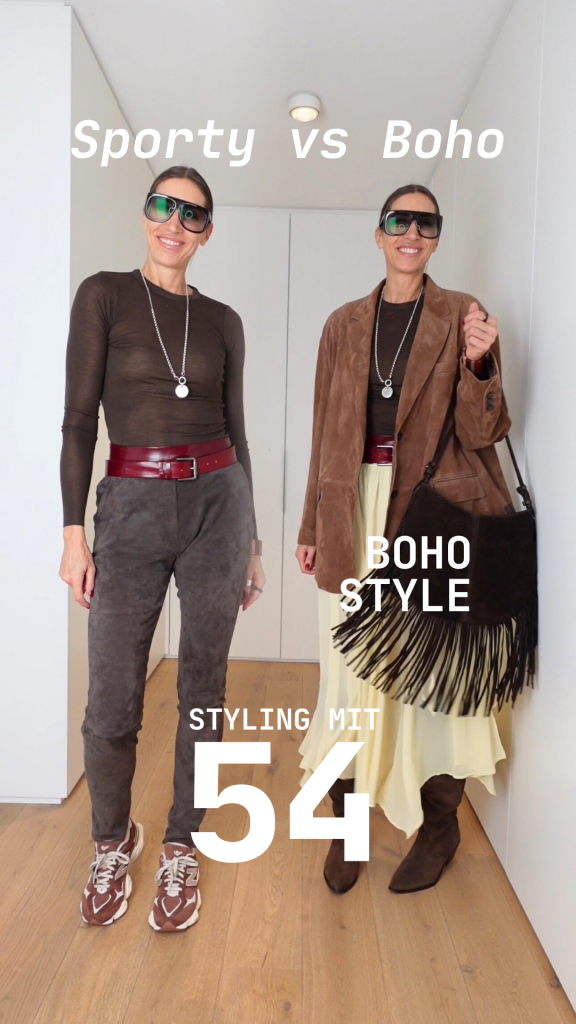 Ein Hauch von 70er-Jahre Look: Maxi-Kleid, Lederjacke und Boots im modernen Boho-Stil